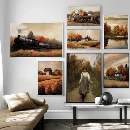 Vintage Autumn Farmhouse Landscape Canvas Print Country Retro Fall Gallery Wall Art For Rustic Living Room Décor