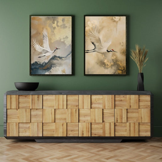 Vintage Beige Golden Crane Wabi Sabi Japanese Wall Art Canvas Print For Modern Living Room Bedroom Wall Decor