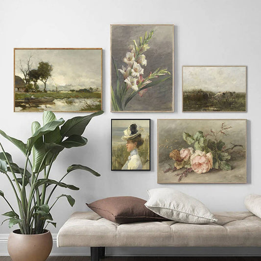 Vintage Country Landscape Flower Woman Antique Canvas Prints Wall Art For Living Room Dining Room Home Décor