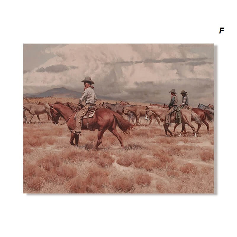 Vintage Cowboy Horses Rustic Landscape Canvas Print Wall Art For Farmhouse Living Room Home Décor