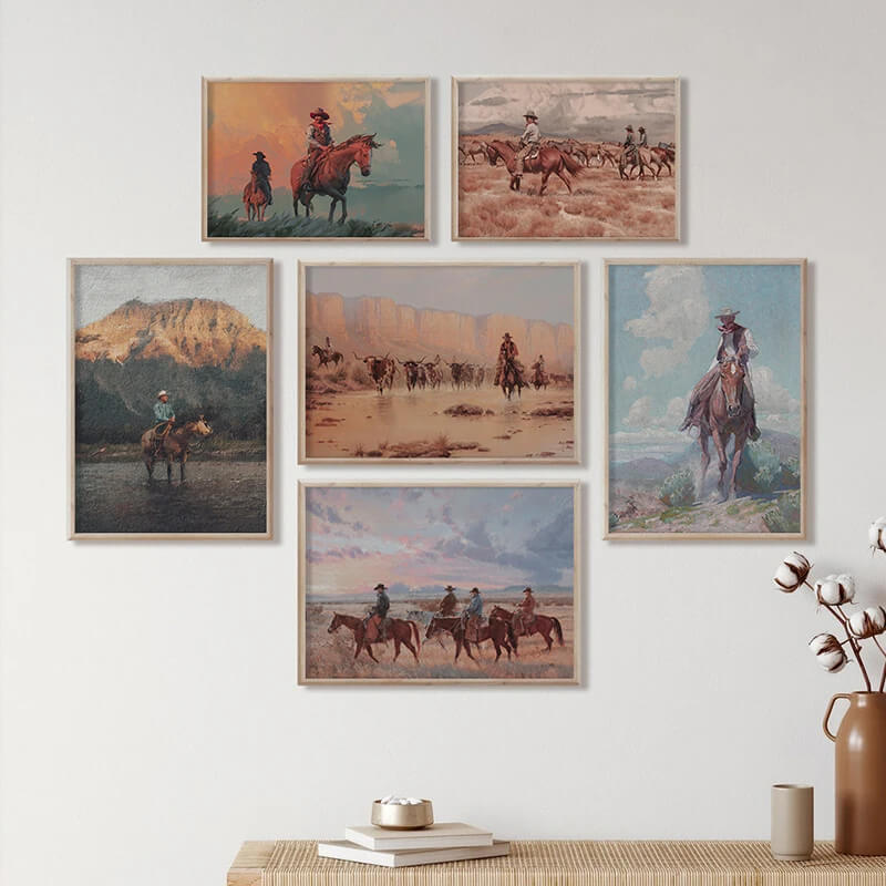 Vintage Cowboy Horses Rustic Landscape Canvas Print Wall Art For Farmhouse Living Room Home Décor