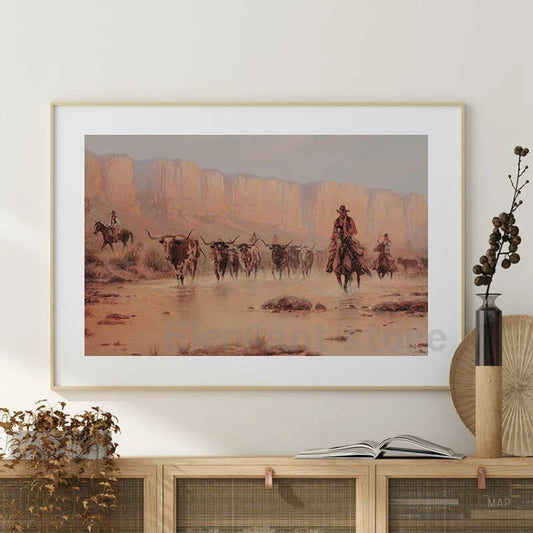 Vintage Cowboy Horses Rustic Landscape Canvas Print Wall Art For Farmhouse Living Room Home Décor