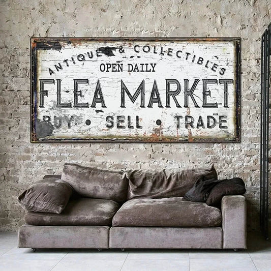 Vintage Flea Market Sign Rustic Canvas Print Inspirational Home Quotes Wall Art