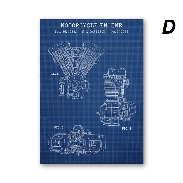 Vintage Motorcycle Engine Patent Blueprint Wall Art Canvas Print Techn ...