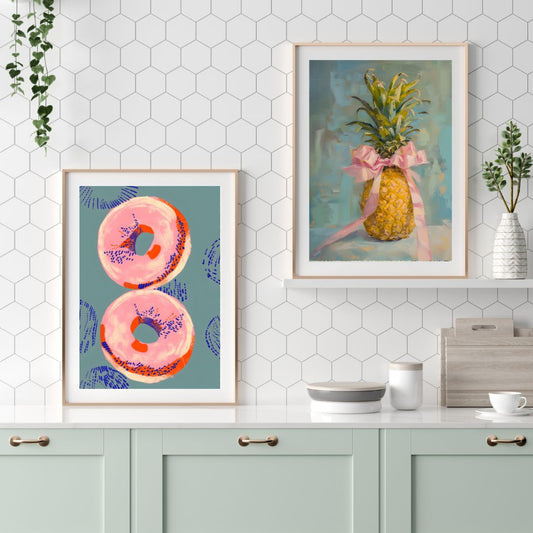 Vintage Pink Donut Pineapple Retro Food Print Canvas Wall Art For Kitchen Dining Room Wall Decor