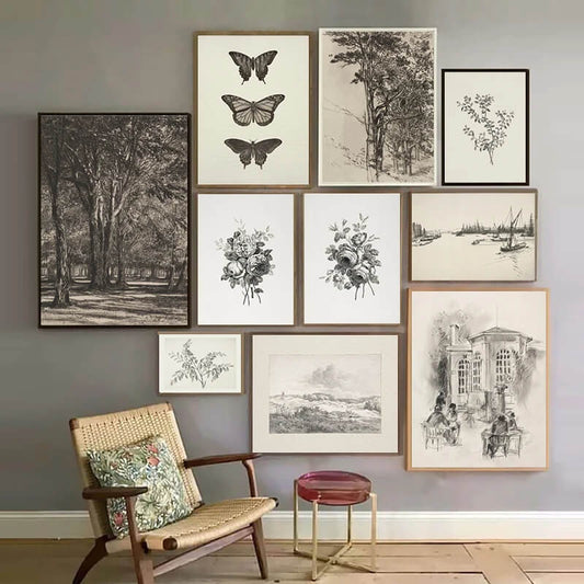 Vintage Rustic Black White Butterflies Landscape Flowers Canvas Print Nordic Country Minimalist Vintage Gallery Wall Art