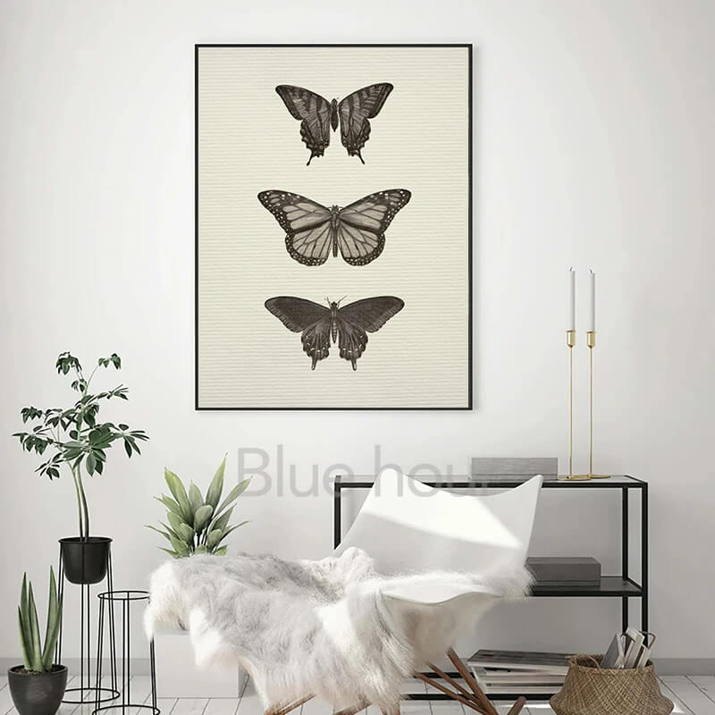 Vintage Rustic Black White Butterflies Landscape Flowers Canvas Print Nordic Country Minimalist Vintage Gallery Wall Art