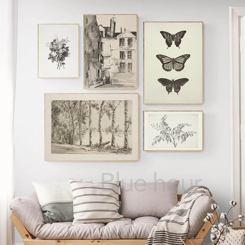 Vintage Rustic Black White Butterflies Landscape Flowers Canvas Print Nordic Country Minimalist Vintage Gallery Wall Art