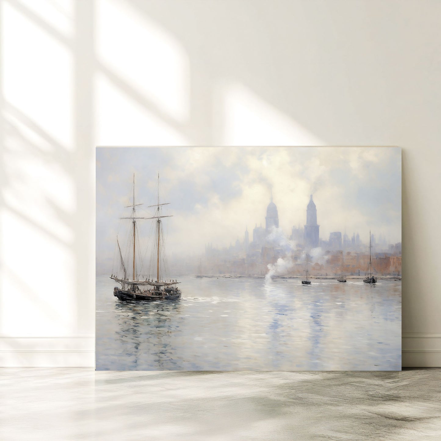 Vintage Tall Ship in Misty Harbor Impressionist Framed Wall Art - Nautical Canvas Print