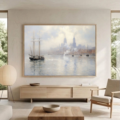 Vintage Tall Ship in Misty Harbor Impressionist Framed Wall Art - Nautical Canvas Print