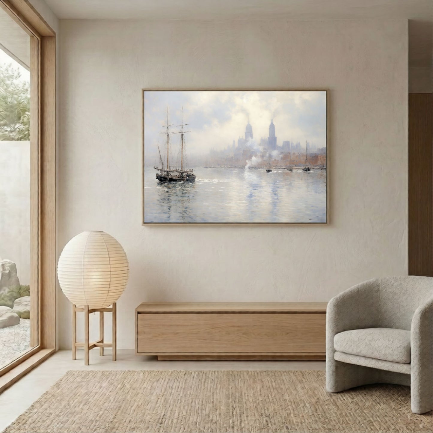 Vintage Tall Ship in Misty Harbor Impressionist Framed Wall Art - Nautical Canvas Print