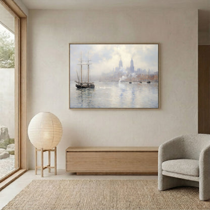 Vintage Tall Ship in Misty Harbor Impressionist Framed Wall Art - Nautical Canvas Print