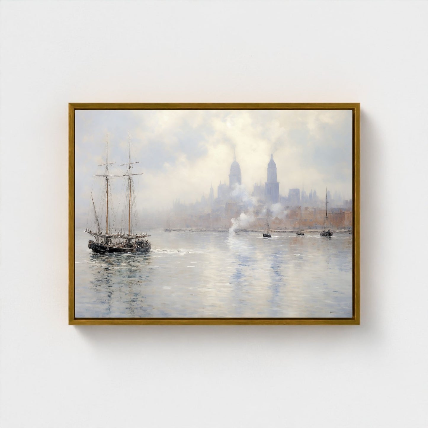 Vintage Tall Ship in Misty Harbor Impressionist Framed Wall Art - Nautical Canvas Print