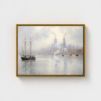 Vintage Tall Ship in Misty Harbor Impressionist Framed Wall Art - Nautical Canvas Print