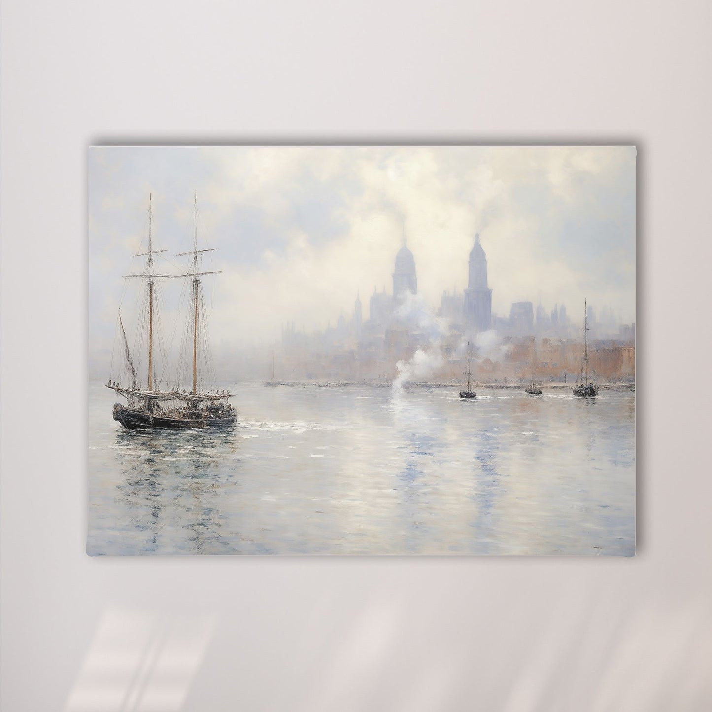Vintage Tall Ship in Misty Harbor Impressionist Framed Wall Art - Nautical Canvas Print