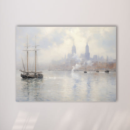 Vintage Tall Ship in Misty Harbor Impressionist Framed Wall Art - Nautical Canvas Print