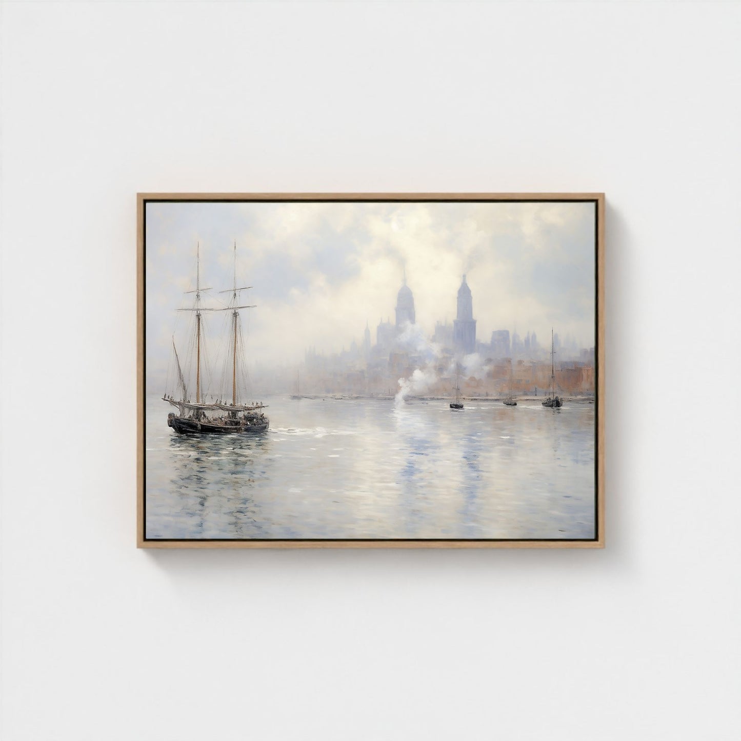 Vintage Tall Ship in Misty Harbor Impressionist Framed Wall Art - Nautical Canvas Print