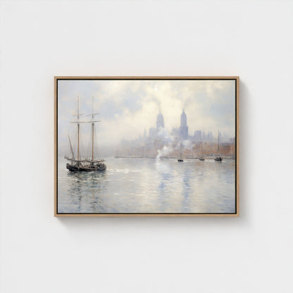 Vintage Tall Ship in Misty Harbor Impressionist Framed Wall Art - Nautical Canvas Print