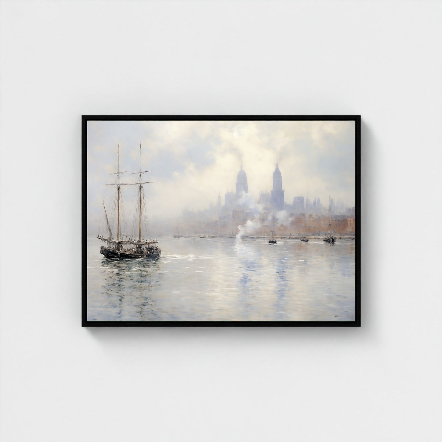 Vintage Tall Ship in Misty Harbor Impressionist Framed Wall Art - Nautical Canvas Print