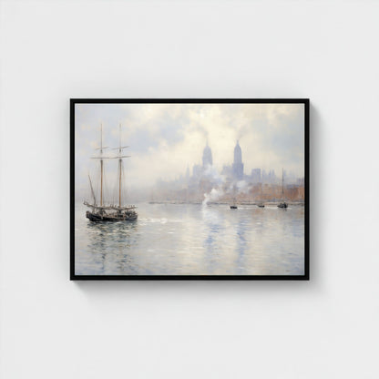 Vintage Tall Ship in Misty Harbor Impressionist Framed Wall Art - Nautical Canvas Print