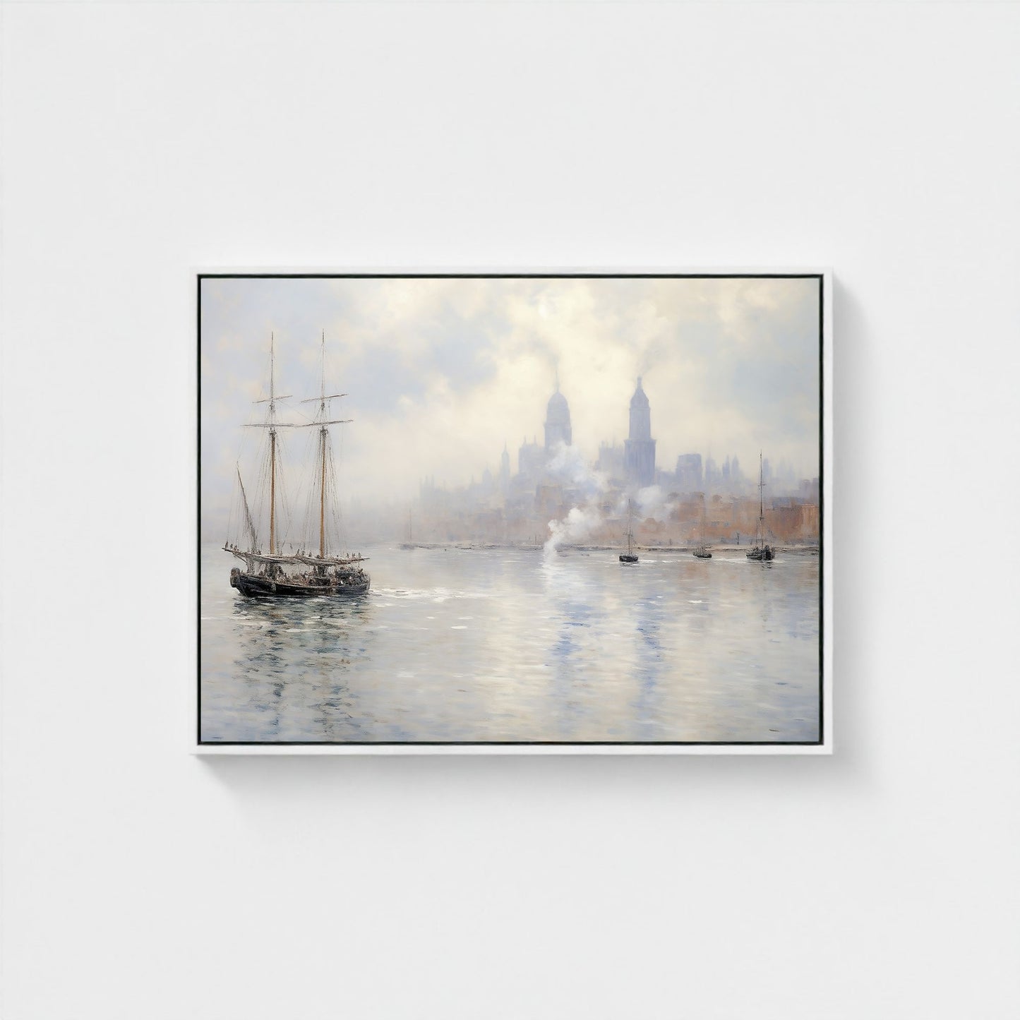 Vintage Tall Ship in Misty Harbor Impressionist Framed Wall Art - Nautical Canvas Print