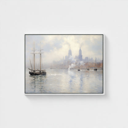Vintage Tall Ship in Misty Harbor Impressionist Framed Wall Art - Nautical Canvas Print