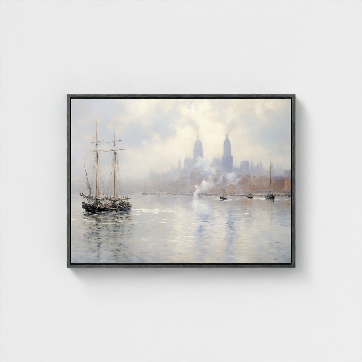 Vintage Tall Ship in Misty Harbor Impressionist Framed Wall Art - Nautical Canvas Print