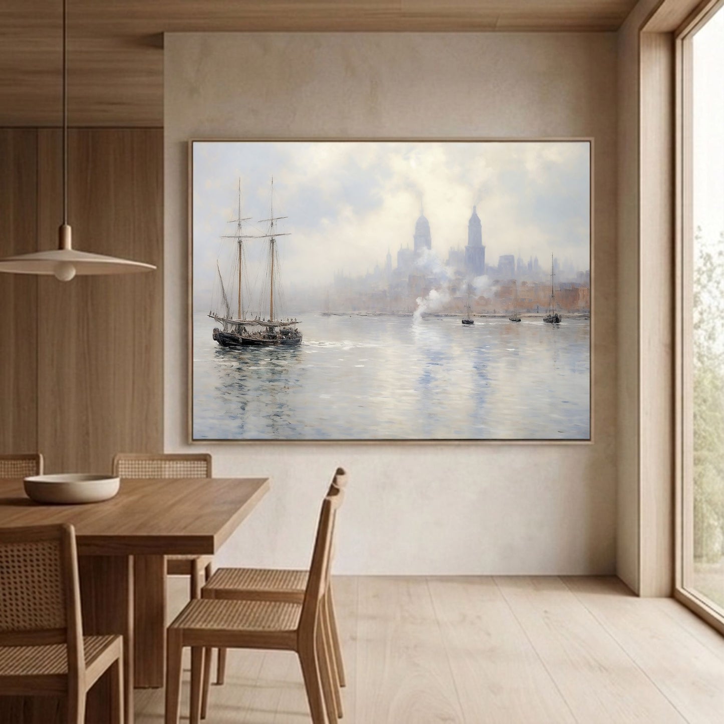 Vintage Tall Ship in Misty Harbor Impressionist Framed Wall Art - Nautical Canvas Print