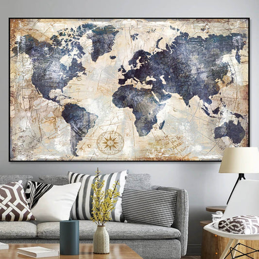 Vintage World Map Blue Canvas Print Wall Art Wide Format Picture For Living Room Office Home Décor
