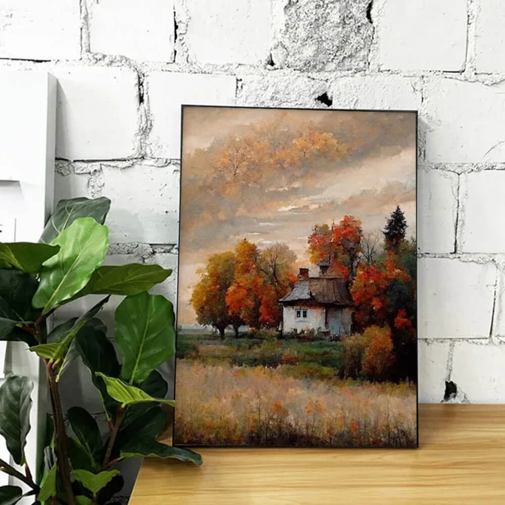 Vintage Autumn Farmhouse Landscape Canvas Print Country Retro Fall Gallery Wall Art For Rustic Living Room Décor