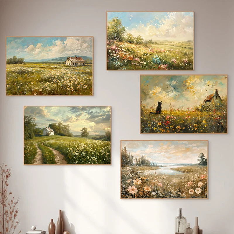 Vintage Wildflowers Fields Landscape Farmhouse Canvas Print Countryside Painting Large Wall Art For Living Room Home Décor