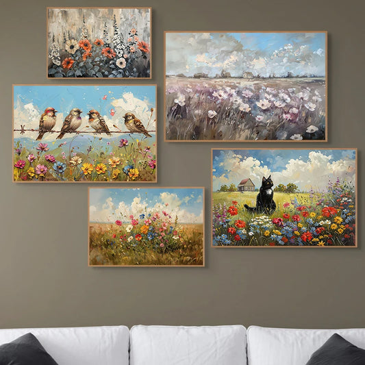 Vintage Wildflowers Fields Rustic Landscape Cat Birds Canvas Print Countryside Painting Large Wall Art For Living Room Home Décor