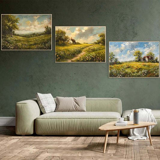 Vintage Wildflowers Fields Landscape Farmhouse Canvas Print Countryside Painting Large Wall Art For Living Room Home Décor