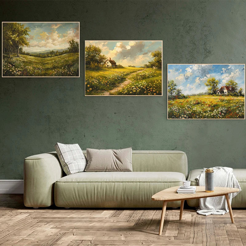 Vintage Wildflowers Fields Landscape Farmhouse Canvas Print Countryside Painting Large Wall Art For Living Room Home Décor