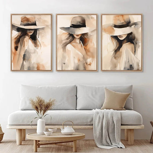 Woman with Hat Portrait Watercolor Pastel Wall Art Canvas Print For Modern Living Room Bedroom Wall Decor