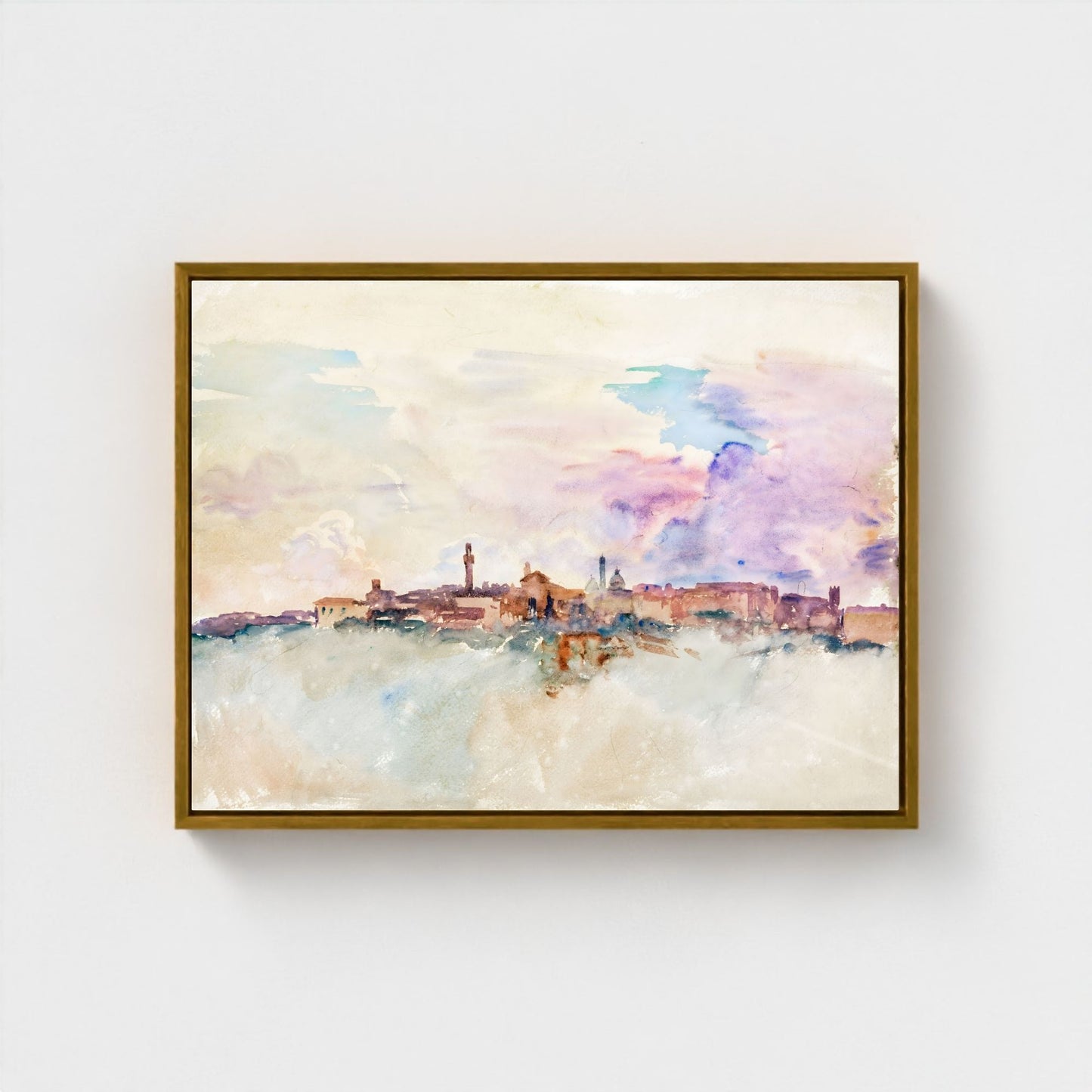 Watercolor City Skyline Wall Art Canvas Print - Framed Pastel Urban Landscape Wall Art