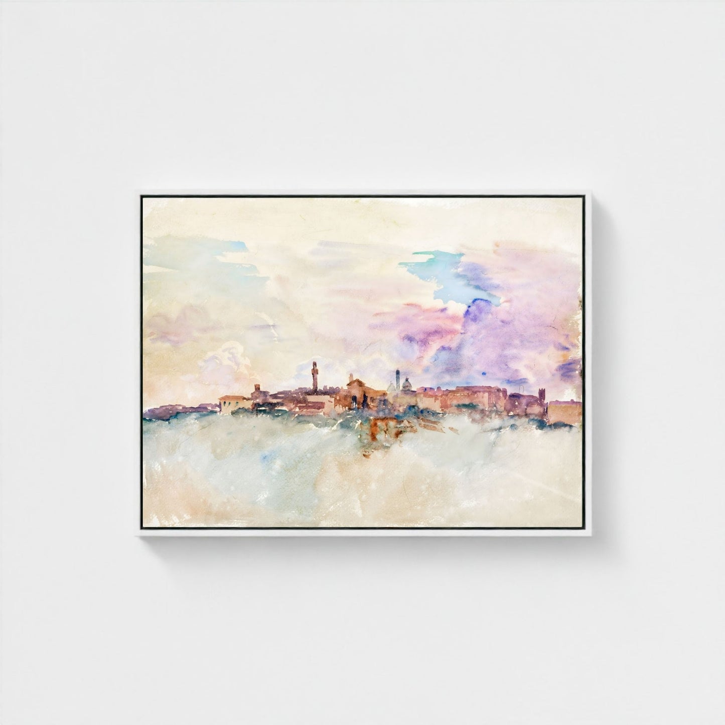 Watercolor City Skyline Wall Art Canvas Print - Framed Pastel Urban Landscape Wall Art