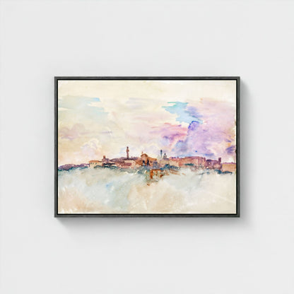 Watercolor City Skyline Wall Art Canvas Print - Framed Pastel Urban Landscape Wall Art