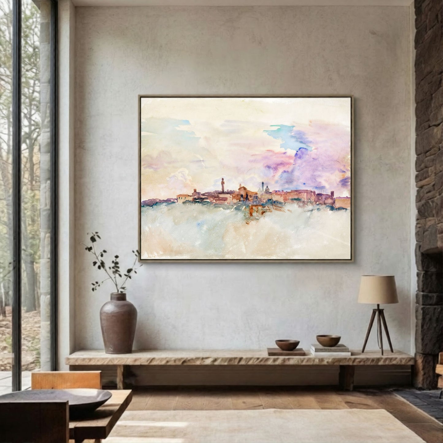 Watercolor City Skyline Wall Art Canvas Print - Framed Pastel Urban Landscape Wall Art
