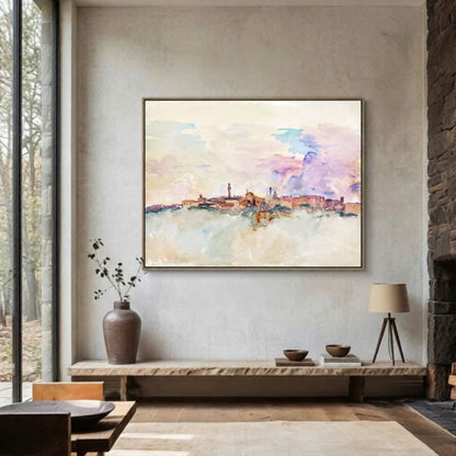 Watercolor City Skyline Wall Art Canvas Print - Framed Pastel Urban Landscape Wall Art