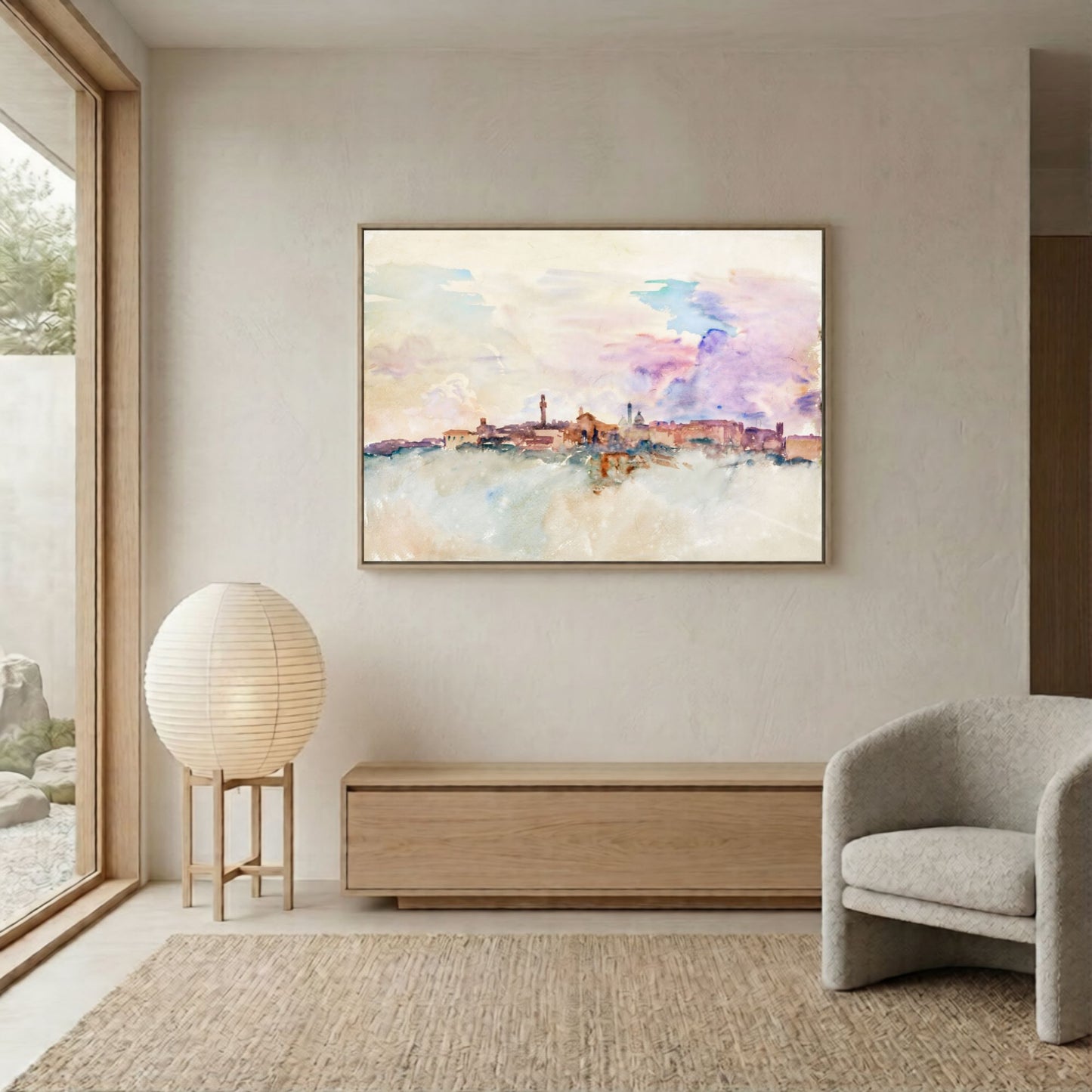 Watercolor City Skyline Wall Art Canvas Print - Framed Pastel Urban Landscape Wall Art