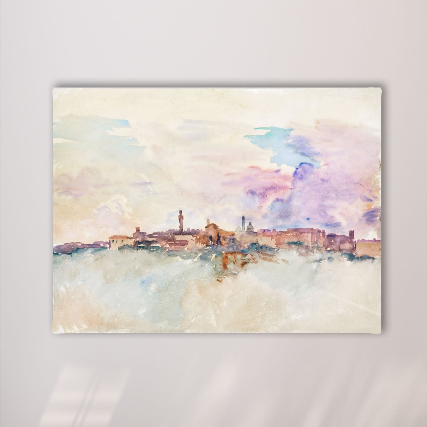 Watercolor City Skyline Wall Art Canvas Print - Framed Pastel Urban Landscape Wall Art