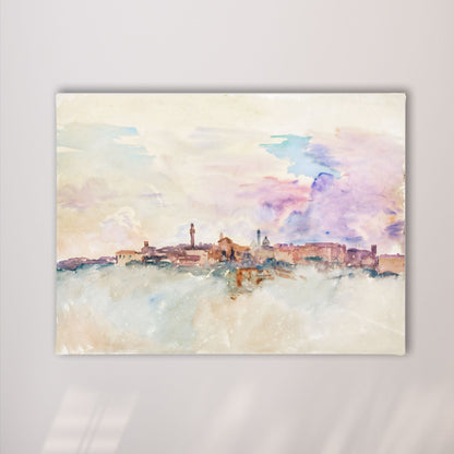 Watercolor City Skyline Wall Art Canvas Print - Framed Pastel Urban Landscape Wall Art