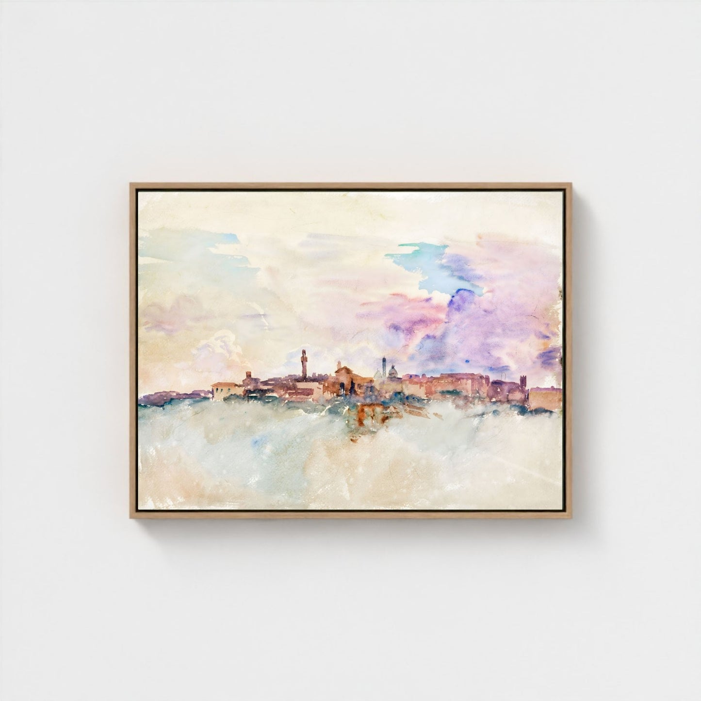 Watercolor City Skyline Wall Art Canvas Print - Framed Pastel Urban Landscape Wall Art