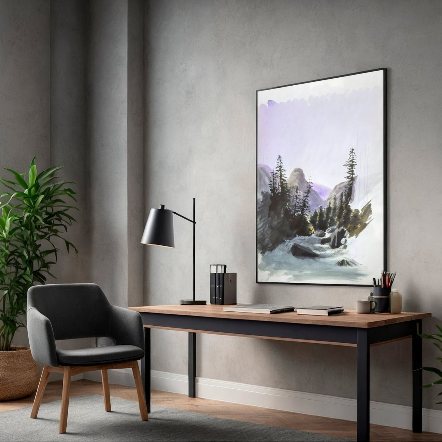 Watercolor Mountain Forest Wall Art Canvas - Framed Landscape Wall Art