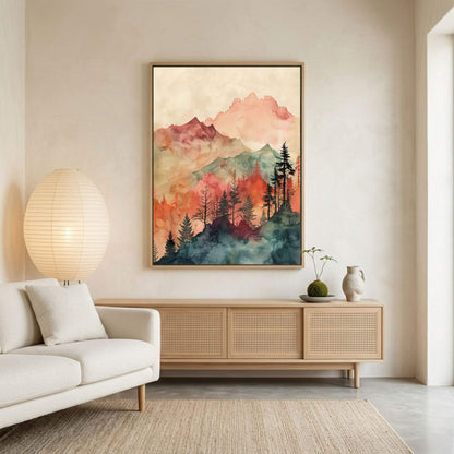 Watercolor Mountain Landscape Wall Art Canvas Print - Framed Modern Nature Wall Art
