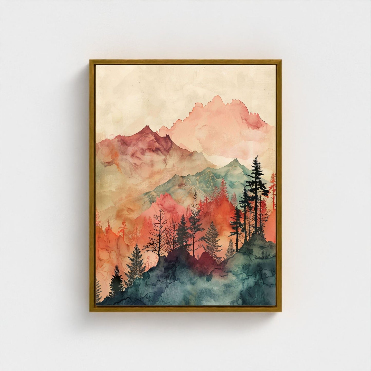 Watercolor Mountain Landscape Wall Art Canvas Print - Framed Modern Nature Wall Art