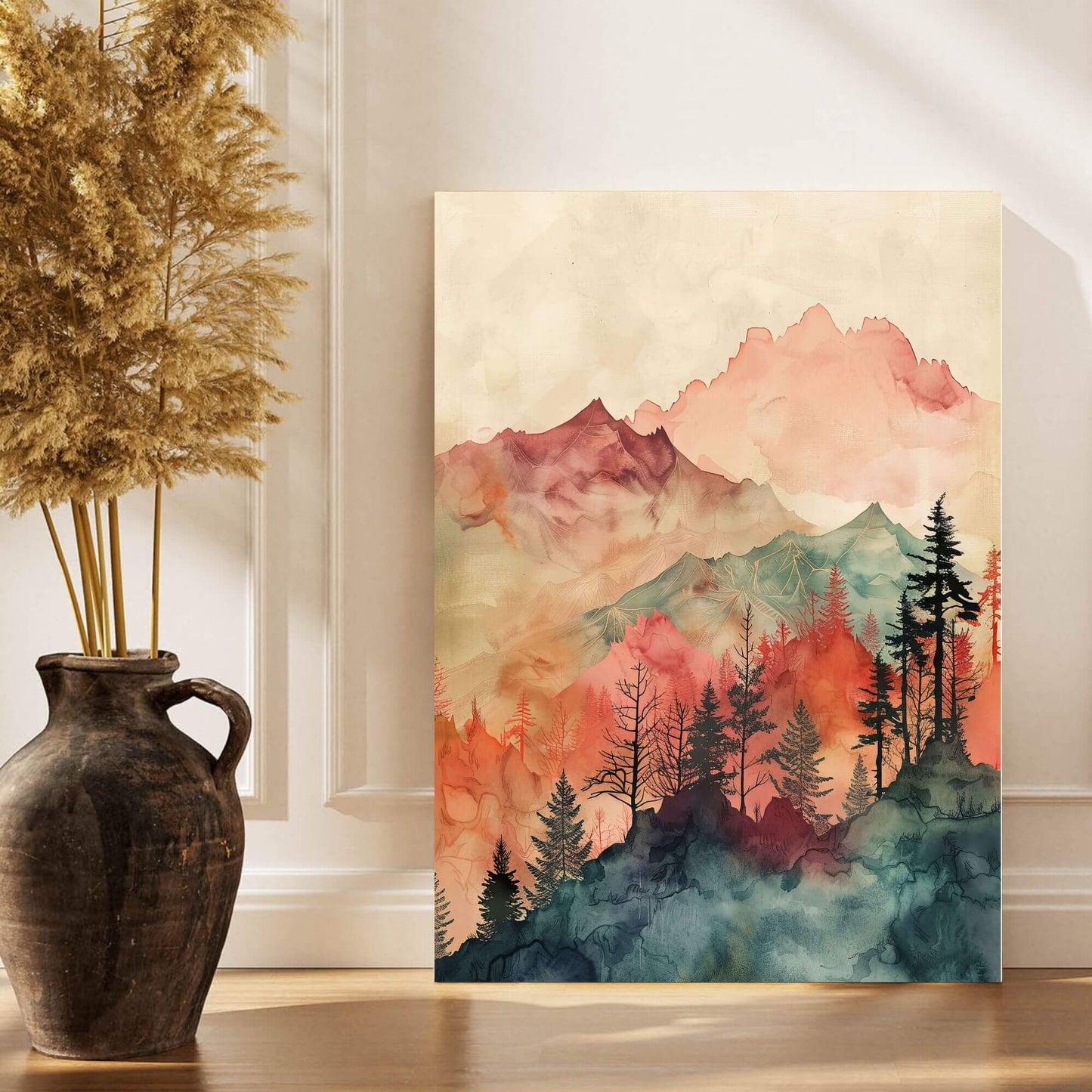 Watercolor Mountain Landscape Wall Art Canvas Print - Framed Modern Nature Wall Art