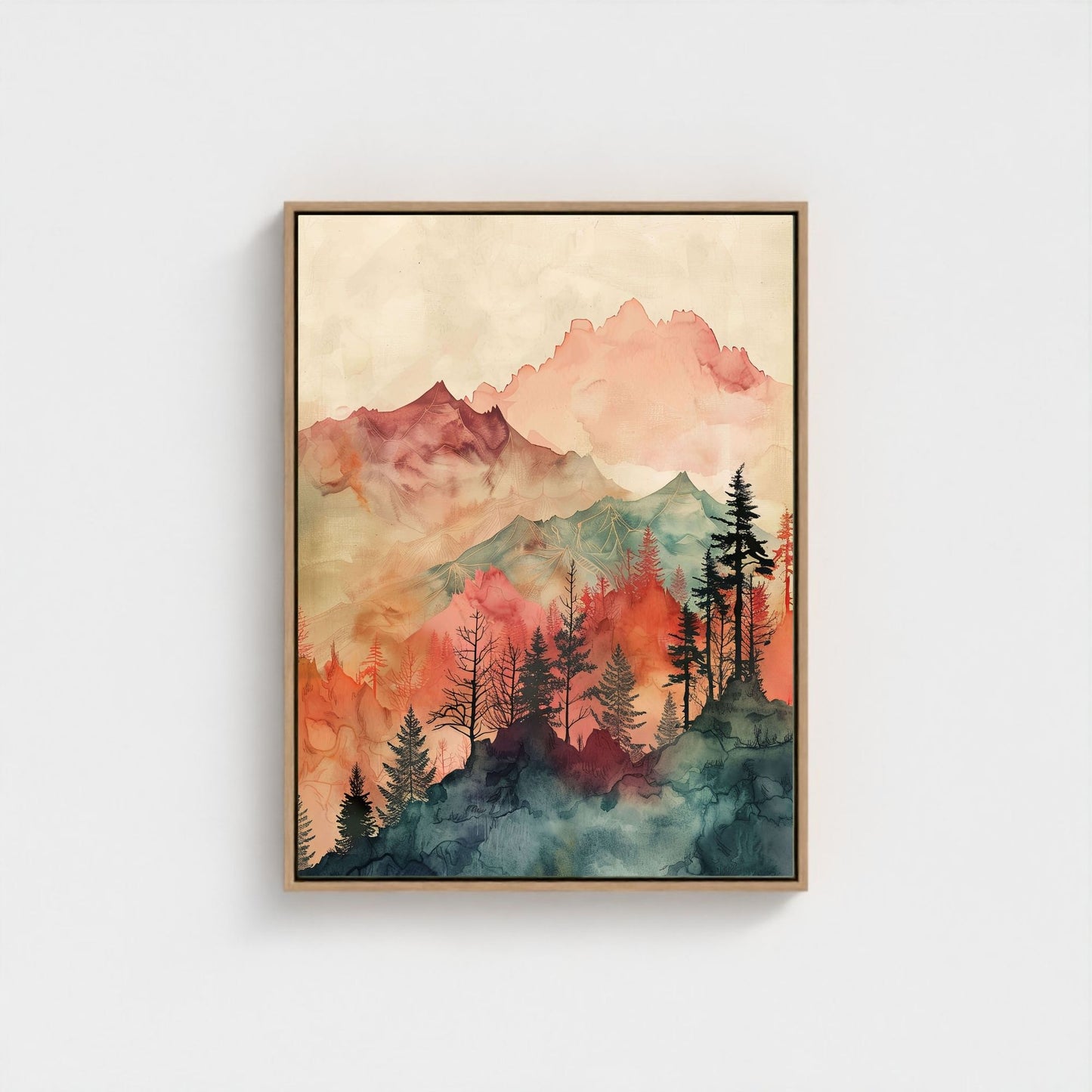 Watercolor Mountain Landscape Wall Art Canvas Print - Framed Modern Nature Wall Art
