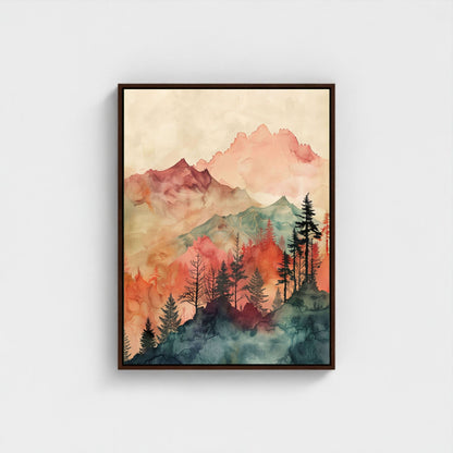 Watercolor Mountain Landscape Wall Art Canvas Print - Framed Modern Nature Wall Art